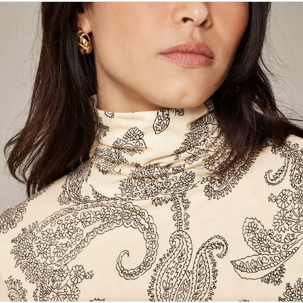 J. Crew Feather Jersey Turtleneck Top in Paisley Candlelight CP723 Size XXS